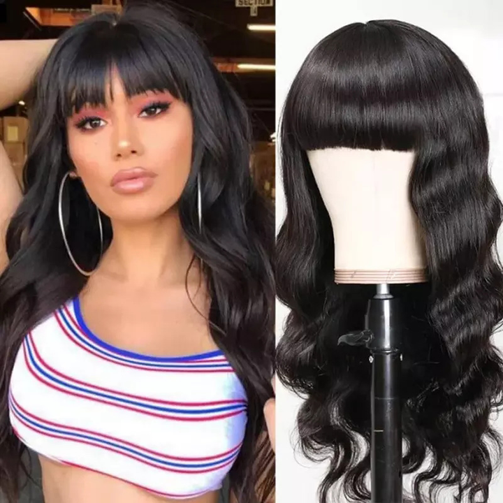 Natural black long wig with bangs and curls