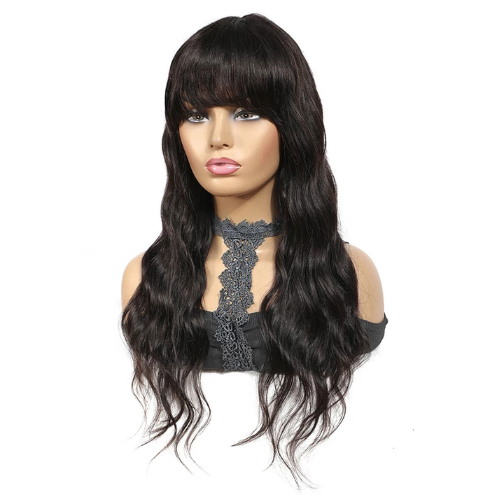 Natural black long wig with bangs and curls