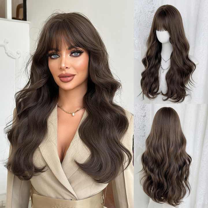Brown Lace Front Wig – Long Wavy Synthetic Hair, Natural Look