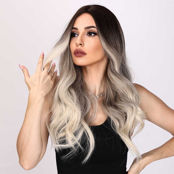 Brown Blonde Long Wave Synthetic Wig Transparent
