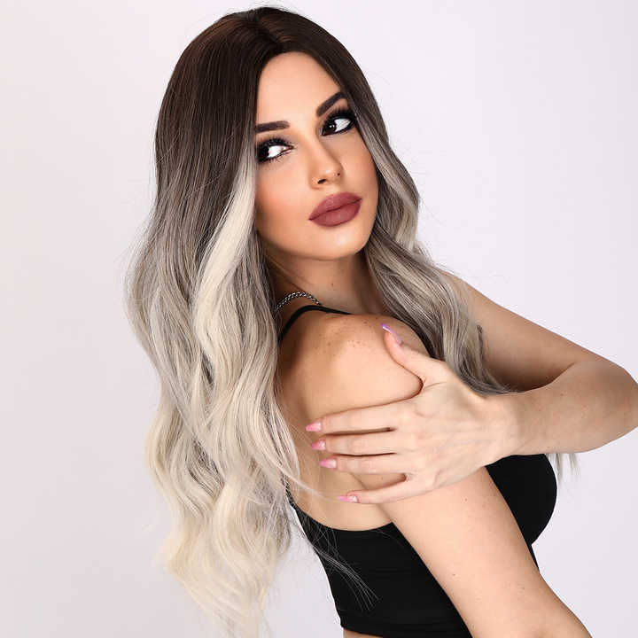 Brown Blonde Long Wave Synthetic Wig Transparent