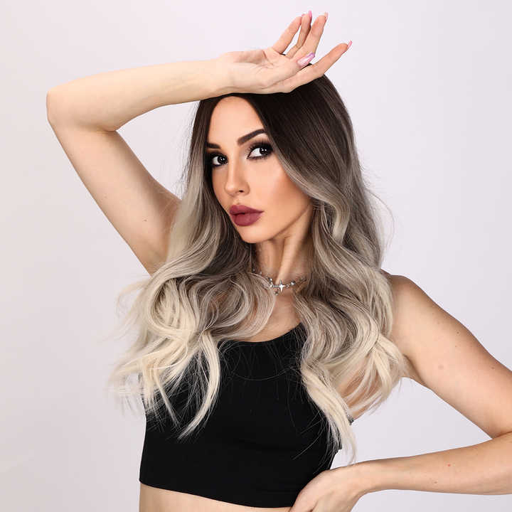 Brown Blonde Long Wave Synthetic Wig Transparent